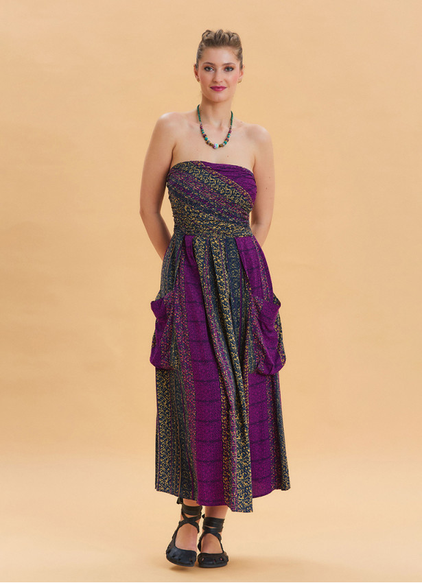 Strapless Chest Pocket Detailed Patterned Purple Flared Dress 4458